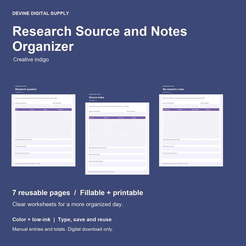 Research Source and Notes Organizer | Fillable PDF + Low-Ink Kit cover with actual page previews