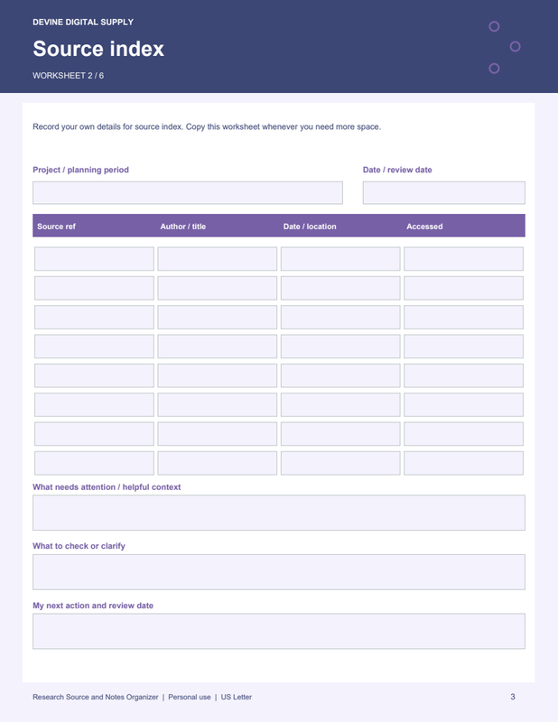 Research Source and Notes Organizer | Fillable PDF + Low-Ink Kit worksheet preview 2