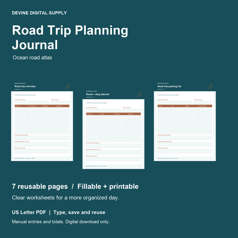 Road Trip Planning Journal | Fillable PDF Kit cover with actual page previews