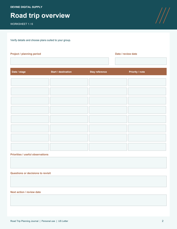 Road Trip Planning Journal | Fillable PDF Kit worksheet preview 1
