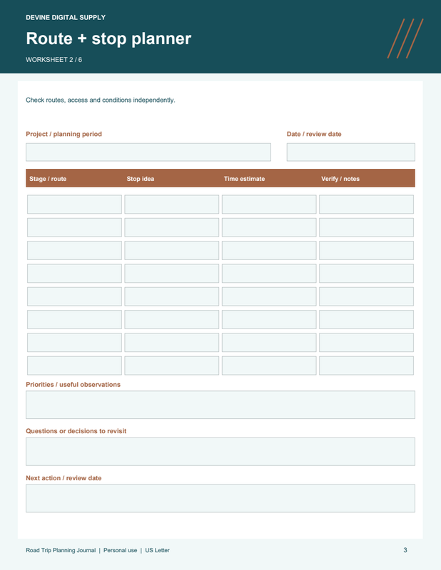 Road Trip Planning Journal | Fillable PDF Kit worksheet preview 2