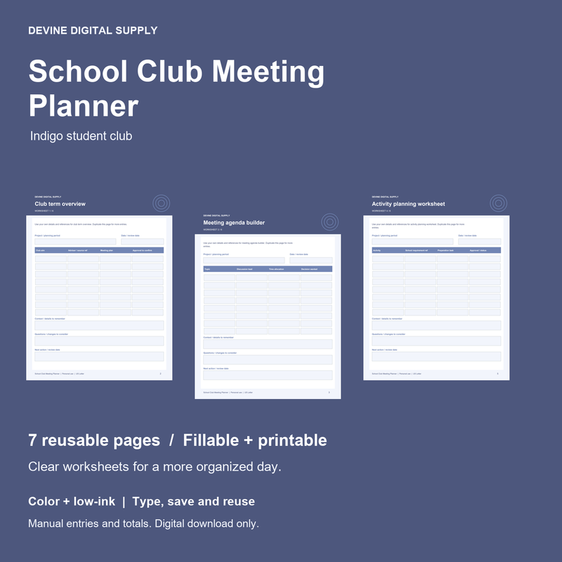 School Club Meeting Planner | Fillable PDF + Low-Ink Kit cover with actual page previews