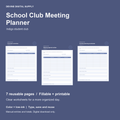 School Club Meeting Planner | Fillable PDF + Low-Ink Kit cover with actual page previews
