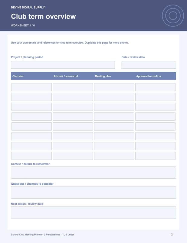 School Club Meeting Planner | Fillable PDF + Low-Ink Kit worksheet preview 1