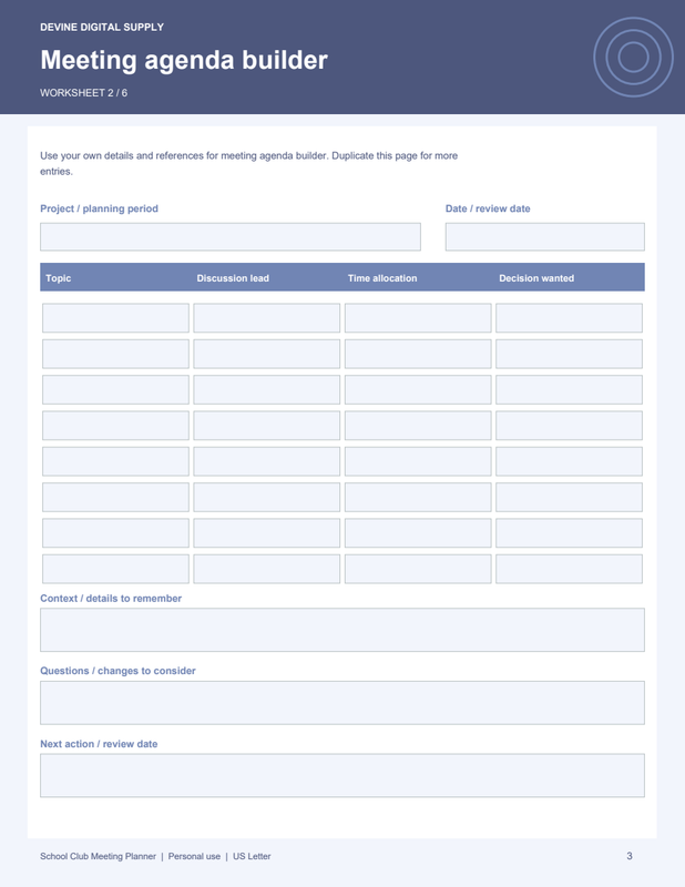 School Club Meeting Planner | Fillable PDF + Low-Ink Kit worksheet preview 2