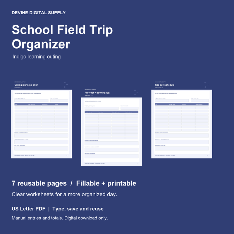 School Field Trip Organizer | Fillable PDF Kit cover with actual page previews