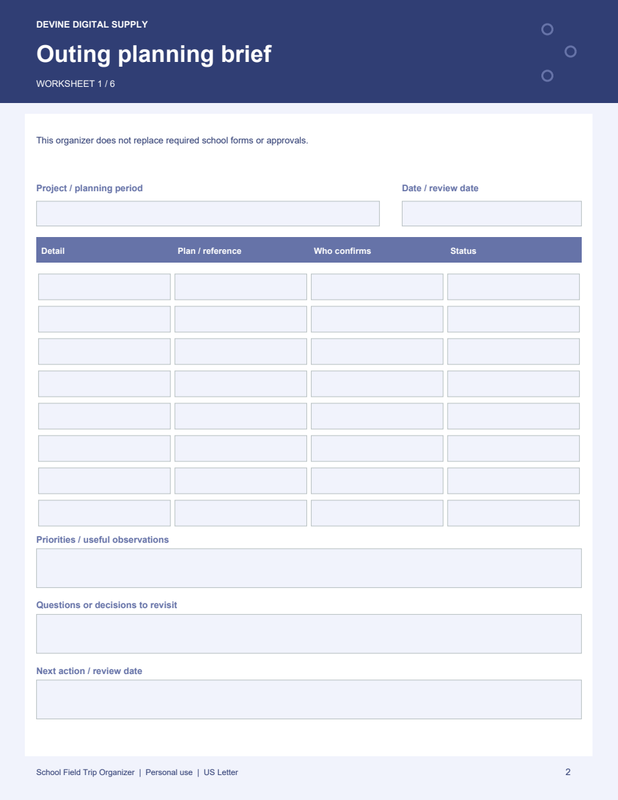 School Field Trip Organizer | Fillable PDF Kit worksheet preview 1