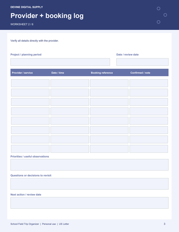 School Field Trip Organizer | Fillable PDF Kit worksheet preview 2