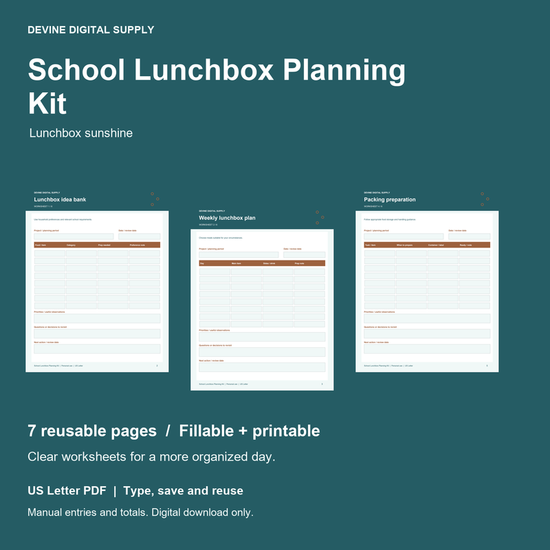 School Lunchbox Planning Kit | Fillable PDF Kit cover with actual page previews
