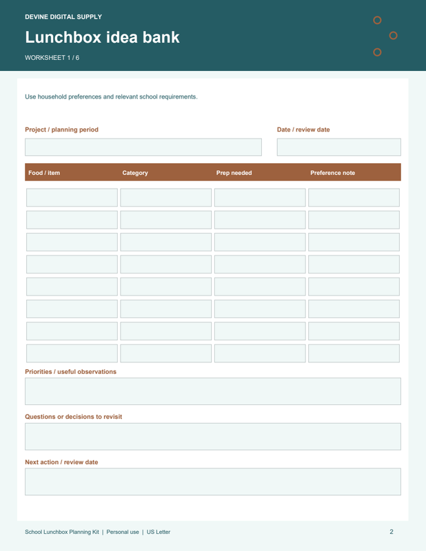 School Lunchbox Planning Kit | Fillable PDF Kit worksheet preview 1