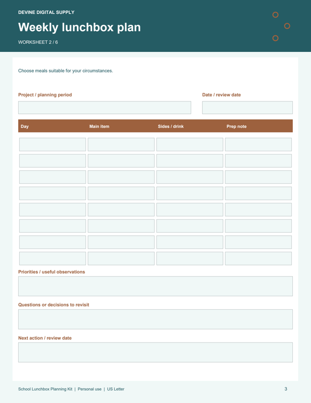 School Lunchbox Planning Kit | Fillable PDF Kit worksheet preview 2