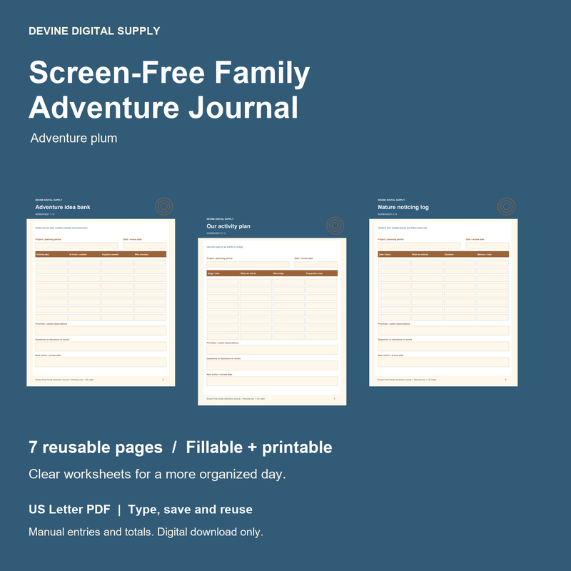 Screen-Free Family Adventure Journal | Fillable PDF Kit cover with actual page previews