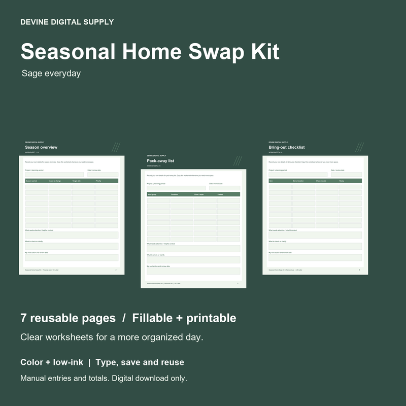 Seasonal Home Swap Kit | Fillable PDF + Low-Ink Kit cover with actual page previews