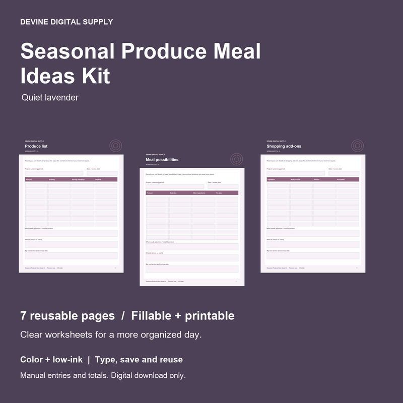 Seasonal Produce Meal Ideas Kit | Fillable PDF + Low-Ink Kit cover with actual page previews