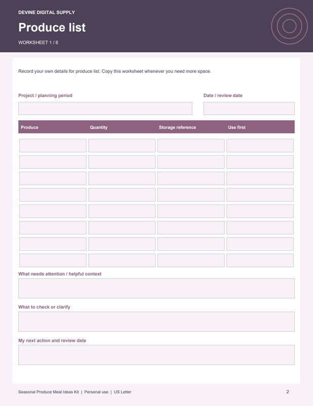 Seasonal Produce Meal Ideas Kit | Fillable PDF + Low-Ink Kit worksheet preview 1