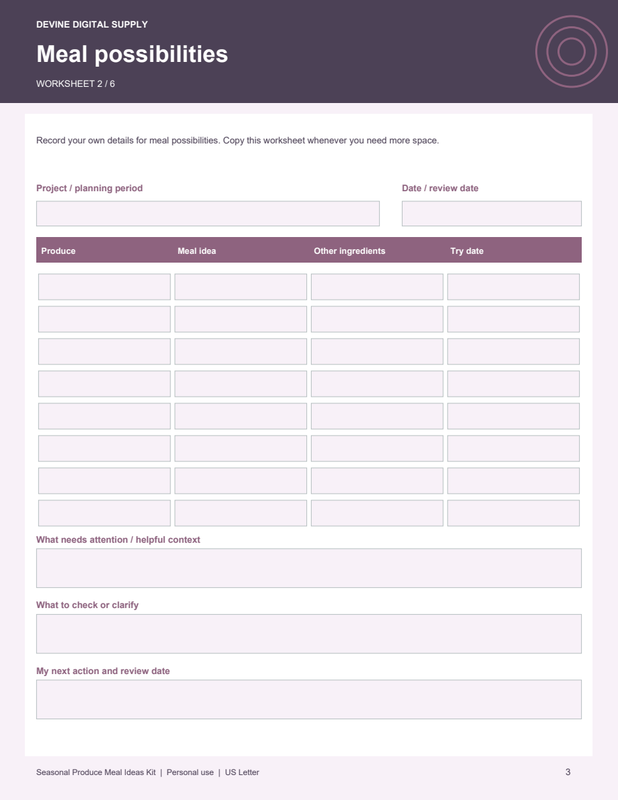 Seasonal Produce Meal Ideas Kit | Fillable PDF + Low-Ink Kit worksheet preview 2