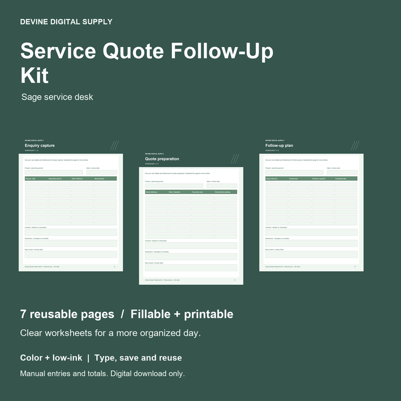 Service Quote Follow-Up Kit | Fillable PDF + Low-Ink Kit cover with actual page previews