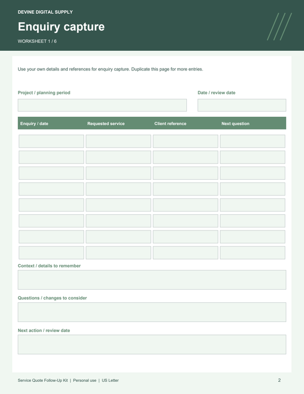 Service Quote Follow-Up Kit | Fillable PDF + Low-Ink Kit worksheet preview 1