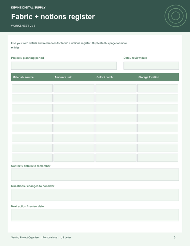 Sewing Project Organizer | Fillable PDF + Low-Ink Kit worksheet preview 2