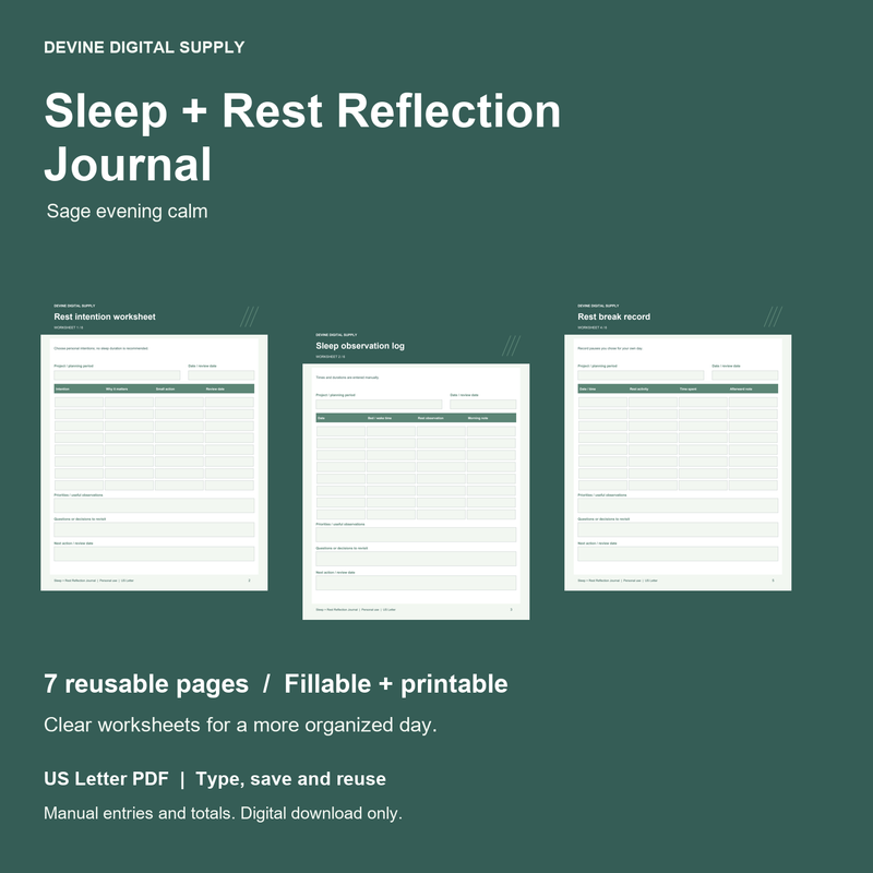 Sleep + Rest Reflection Journal | Fillable PDF Kit cover with actual page previews
