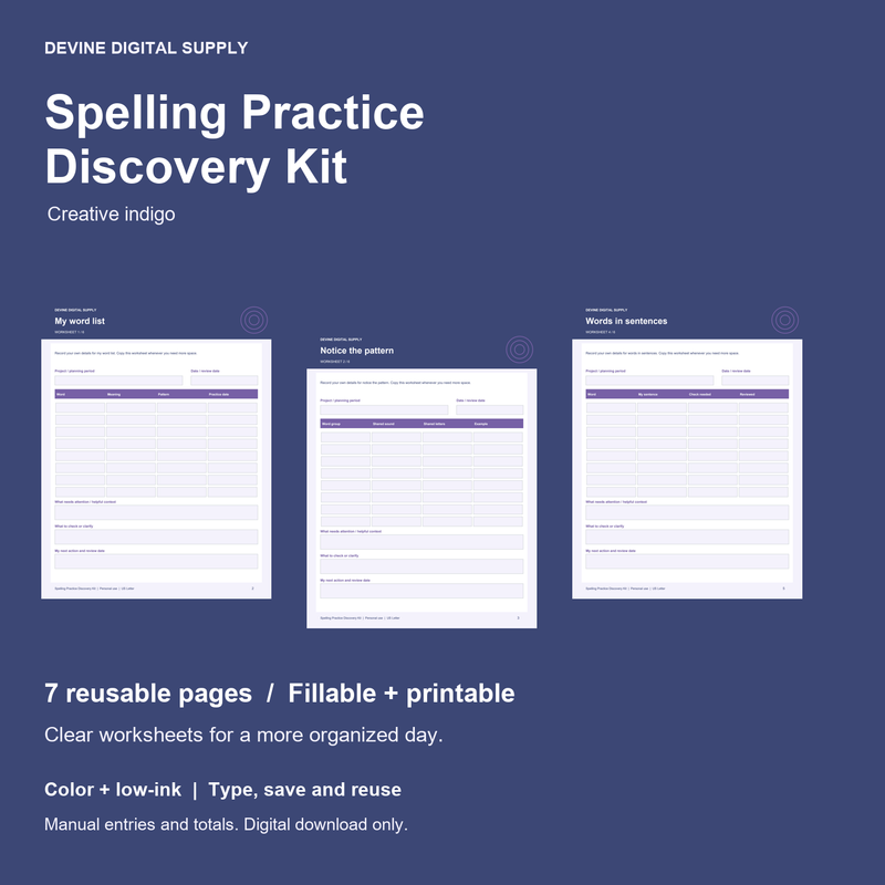 Spelling Practice Discovery Kit | Fillable PDF + Low-Ink Kit cover with actual page previews