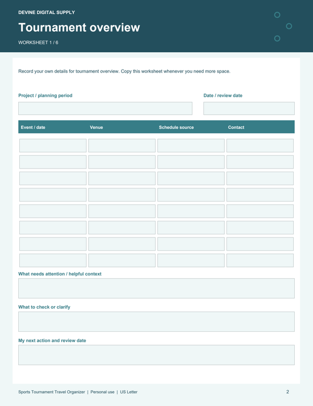 Sports Tournament Travel Organizer | Fillable PDF + Low-Ink Kit worksheet preview 1