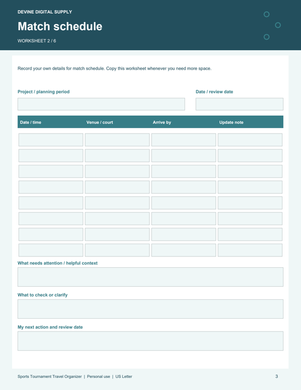 Sports Tournament Travel Organizer | Fillable PDF + Low-Ink Kit worksheet preview 2
