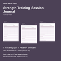 Strength Training Session Journal | Fillable PDF + Low-Ink Kit cover with actual page previews