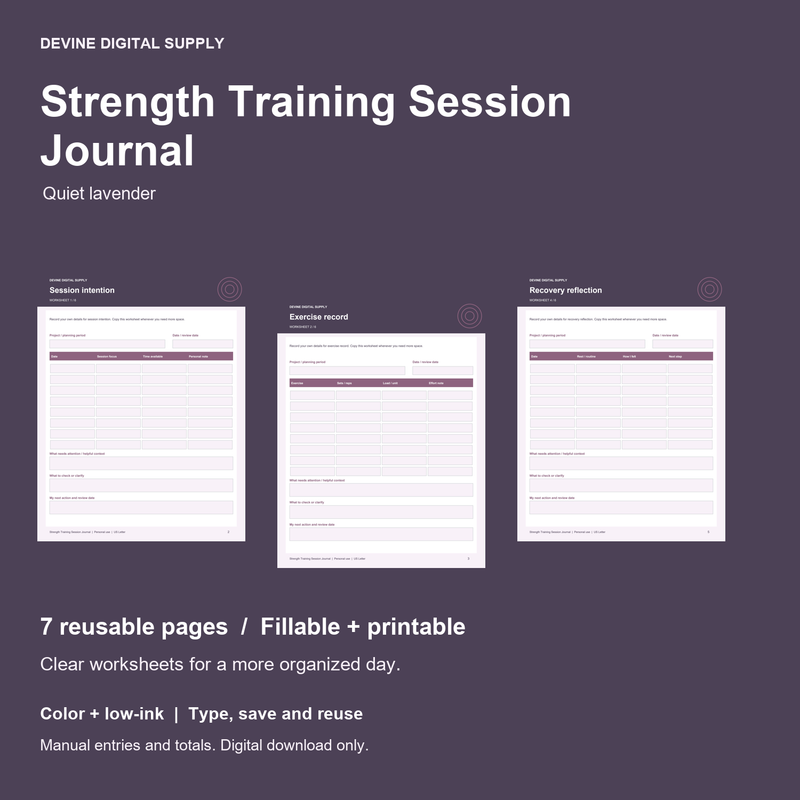 Strength Training Session Journal | Fillable PDF + Low-Ink Kit cover with actual page previews