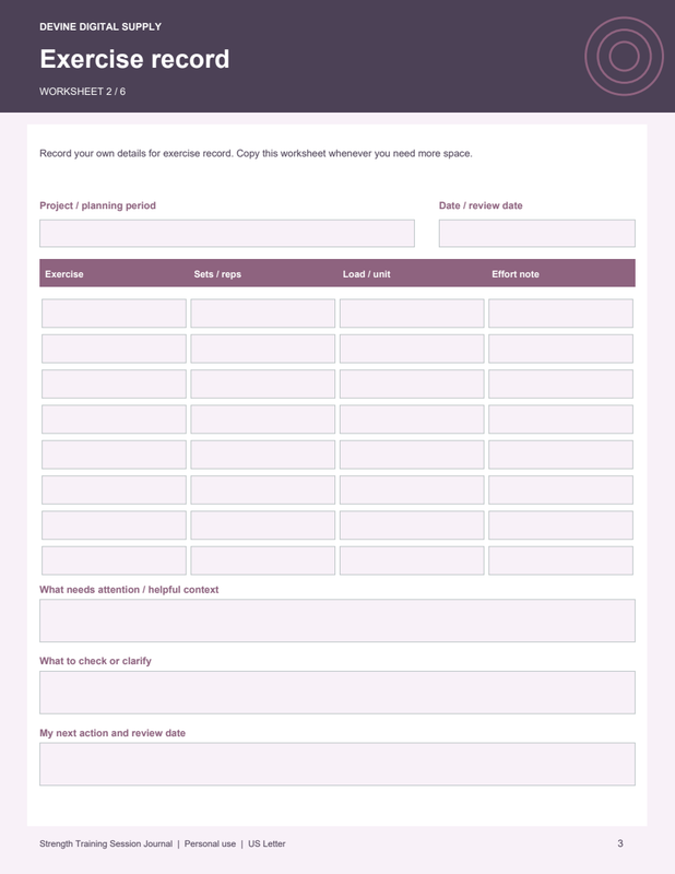 Strength Training Session Journal | Fillable PDF + Low-Ink Kit worksheet preview 2