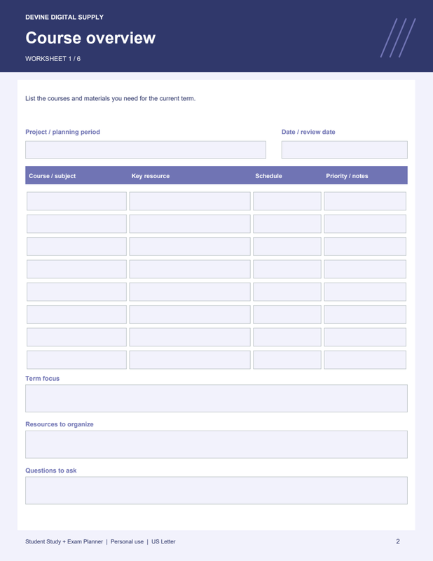 Student Study + Exam Planner | Fillable PDF Kit worksheet preview 1