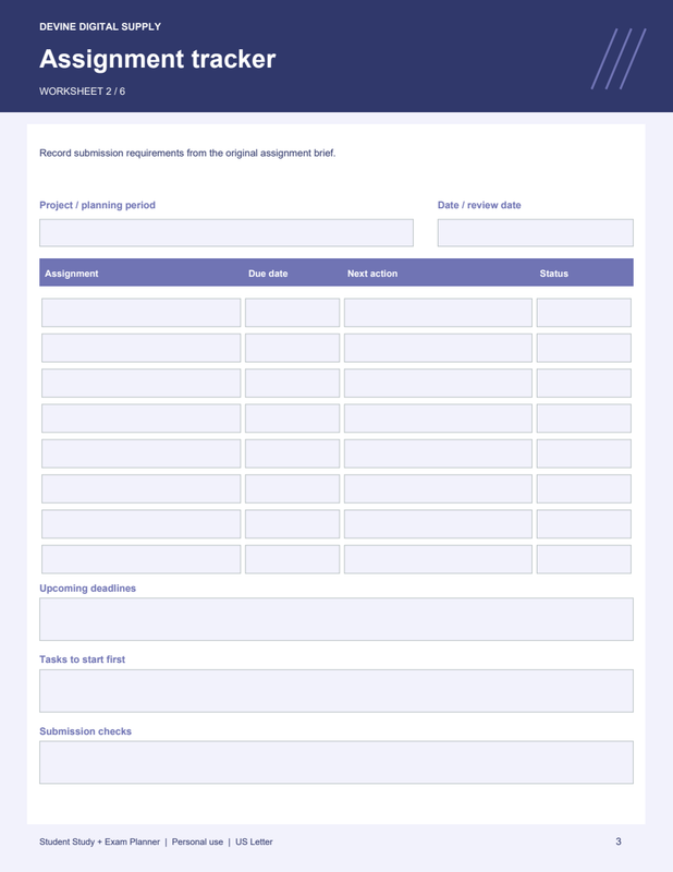 Student Study + Exam Planner | Fillable PDF Kit worksheet preview 2