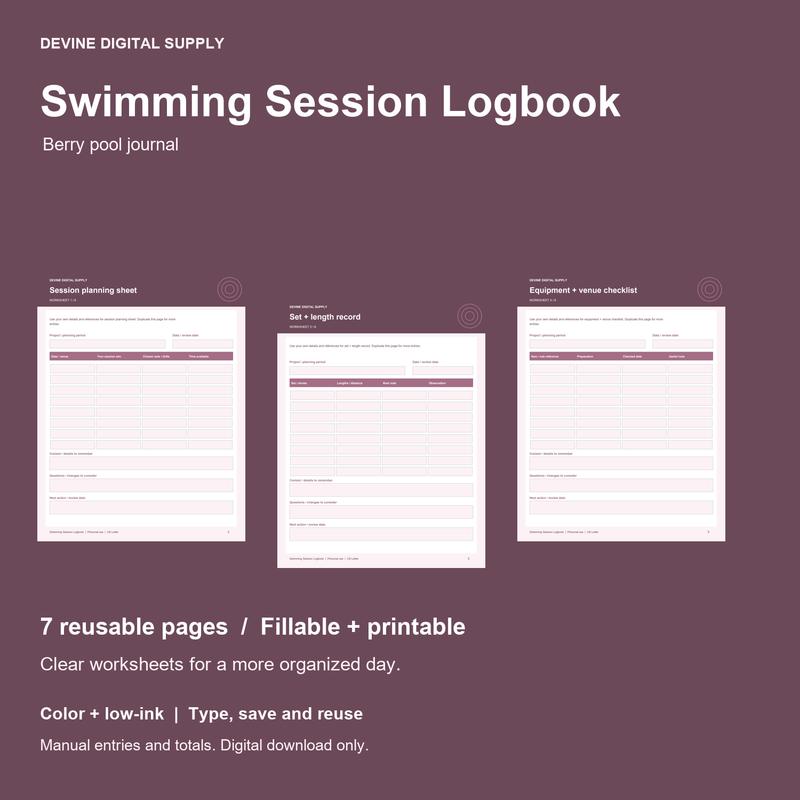 Swimming Session Logbook | Fillable PDF + Low-Ink Kit cover with actual page previews