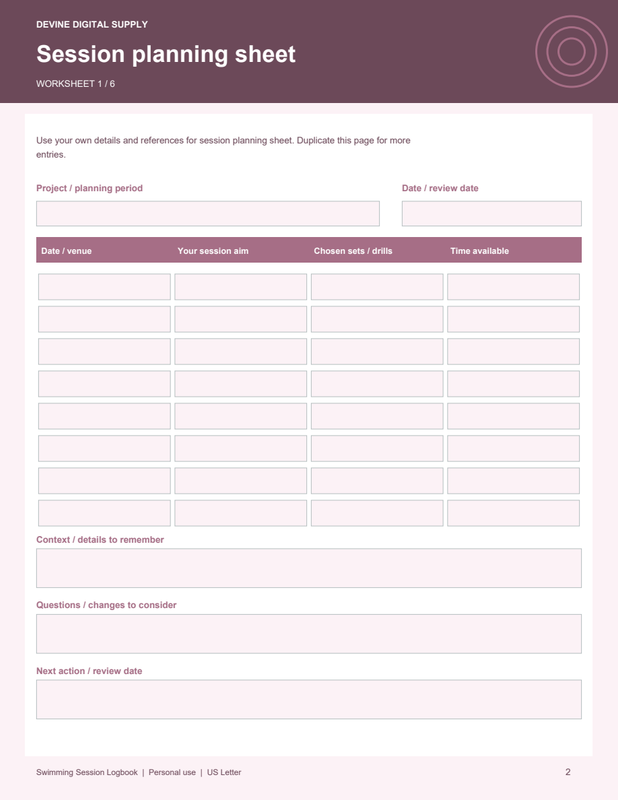 Swimming Session Logbook | Fillable PDF + Low-Ink Kit worksheet preview 1
