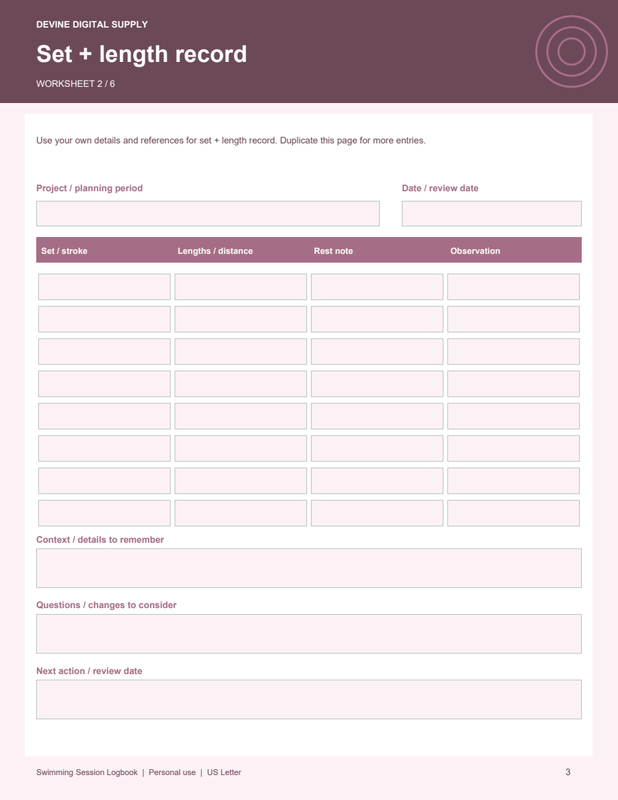 Swimming Session Logbook | Fillable PDF + Low-Ink Kit worksheet preview 2