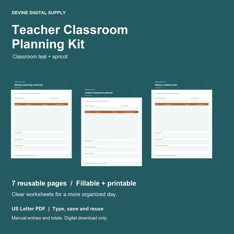 Teacher Classroom Planning Kit | Fillable PDF Kit cover with actual page previews