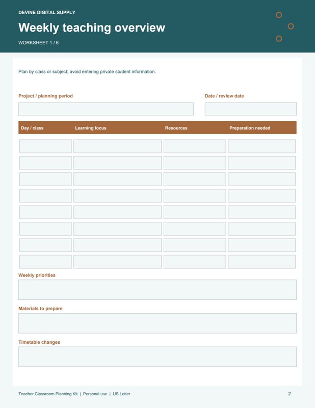 Teacher Classroom Planning Kit | Fillable PDF Kit worksheet preview 1