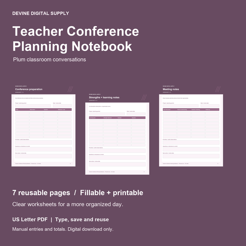 Teacher Conference Planning Notebook | Fillable PDF Kit cover with actual page previews