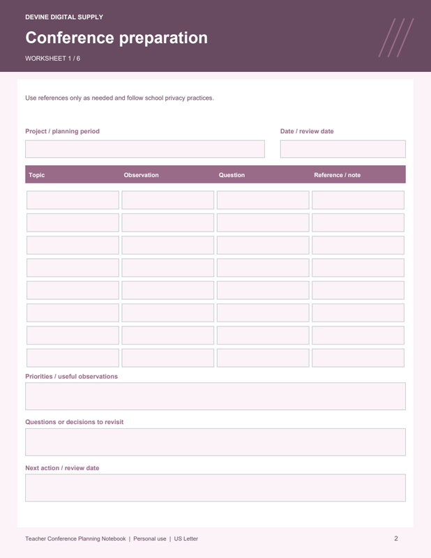 Teacher Conference Planning Notebook | Fillable PDF Kit worksheet preview 1
