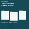 Travel Itinerary + Packing Planner | Fillable PDF Kit cover with actual page previews