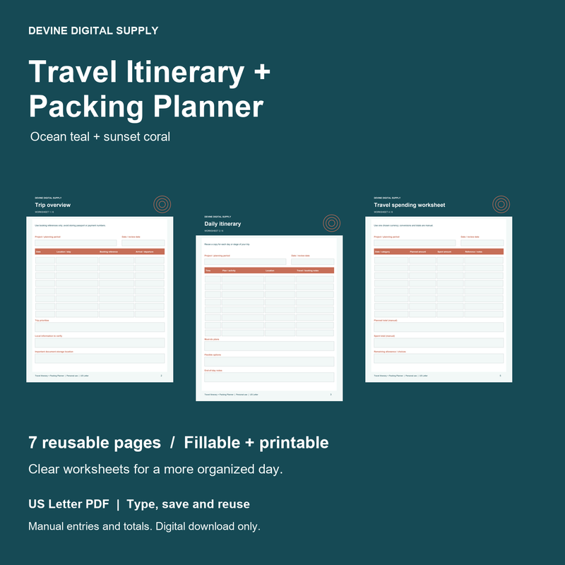 Travel Itinerary + Packing Planner | Fillable PDF Kit cover with actual page previews