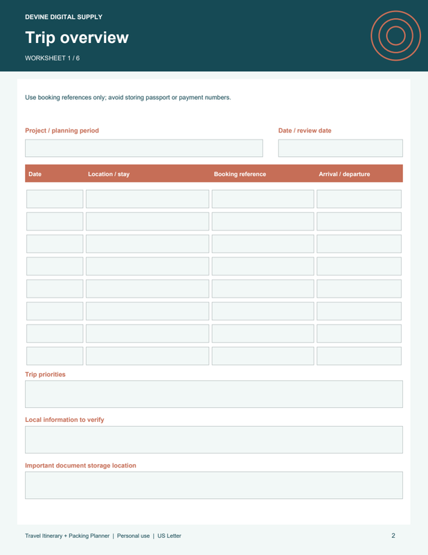 Travel Itinerary + Packing Planner | Fillable PDF Kit worksheet preview 1