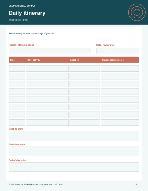 Travel Itinerary + Packing Planner | Fillable PDF Kit worksheet preview 2