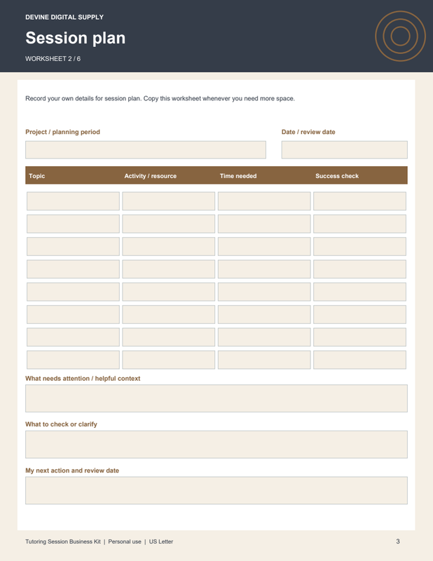 Tutoring Session Business Kit | Fillable PDF + Low-Ink Kit worksheet preview 2