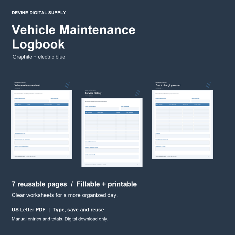 Vehicle Maintenance Logbook | Fillable PDF Kit cover with actual page previews