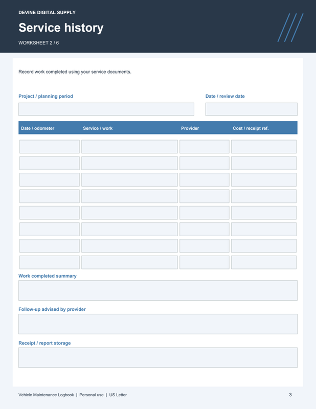 Vehicle Maintenance Logbook | Fillable PDF Kit worksheet preview 2