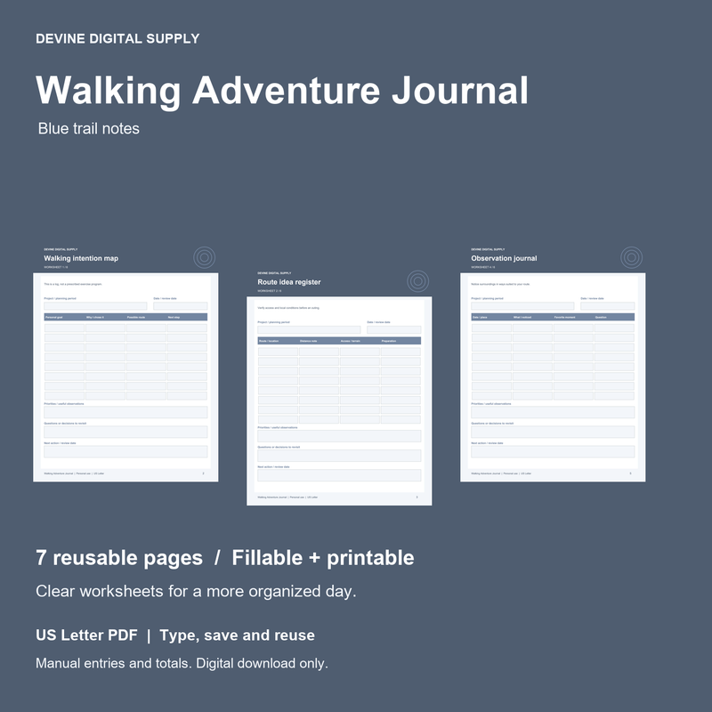 Walking Adventure Journal | Fillable PDF Kit cover with actual page previews