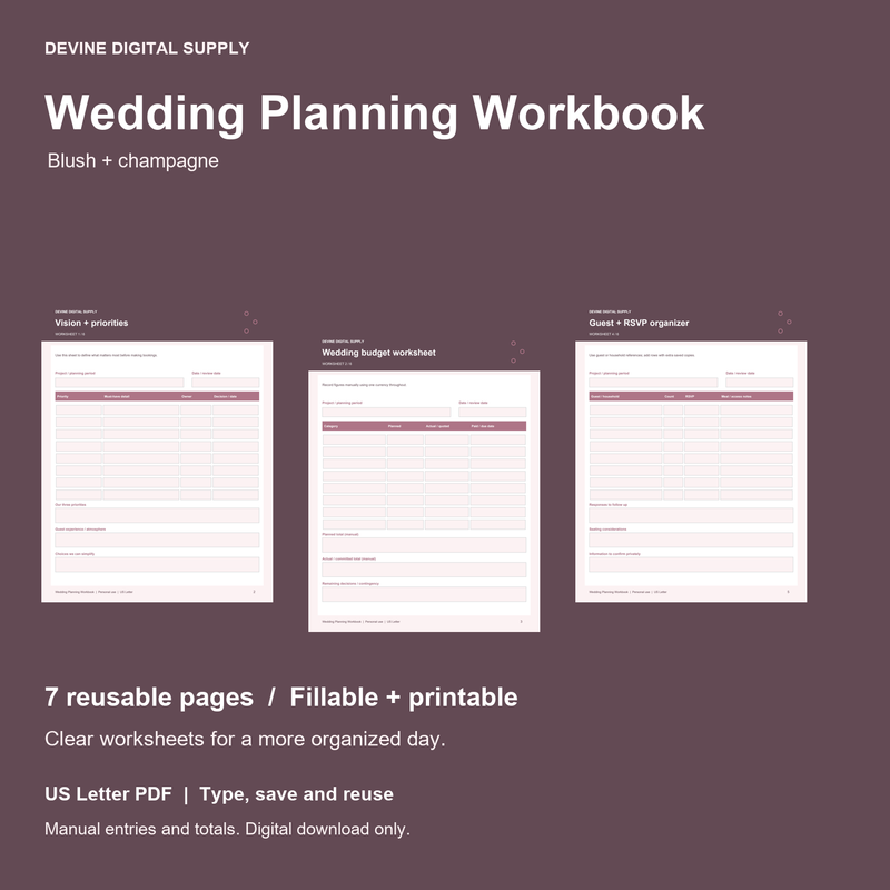 Wedding Planning Workbook | Fillable PDF Kit cover with actual page previews