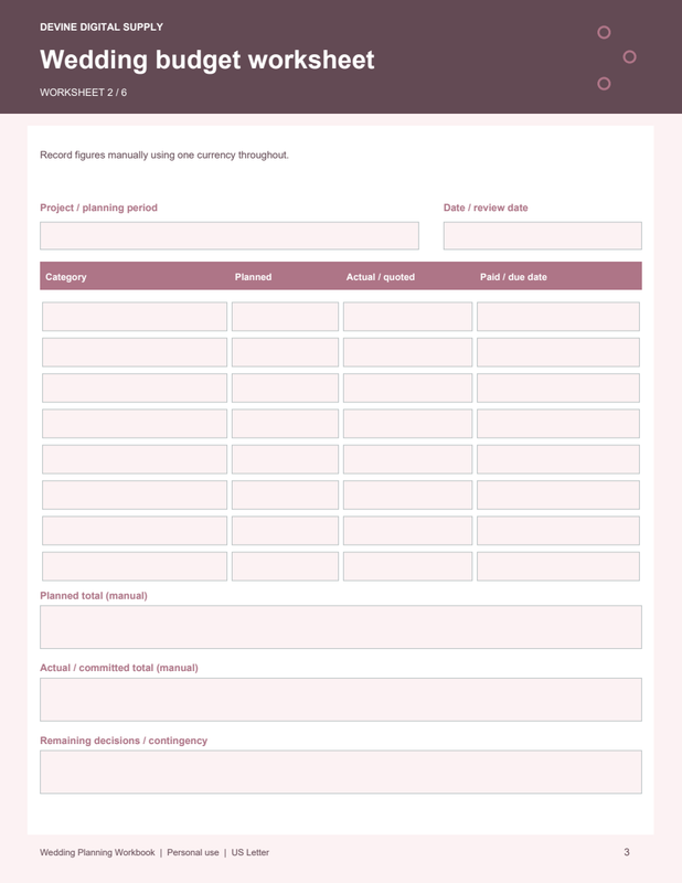 Wedding Planning Workbook | Fillable PDF Kit worksheet preview 2