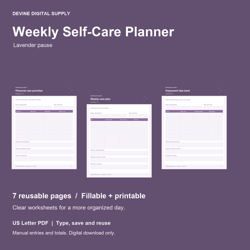 Weekly Self-Care Planner | Fillable PDF Kit cover with actual page previews